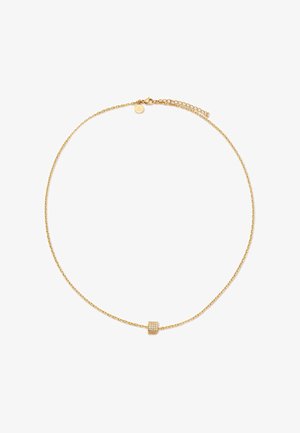 Zarte Goldkette mit kleinem quadratischem Anhänger, besetzt mit winzigen klaren Steinen, mit Karabinerverschluss und verstellbarer Verlängerung.