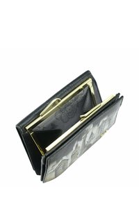 Zwart leren portemonnee met gouden hardware, voorzien van bloemmotieven aan de binnenkant en een drukknoopsluiting, geopend onder een hoek.