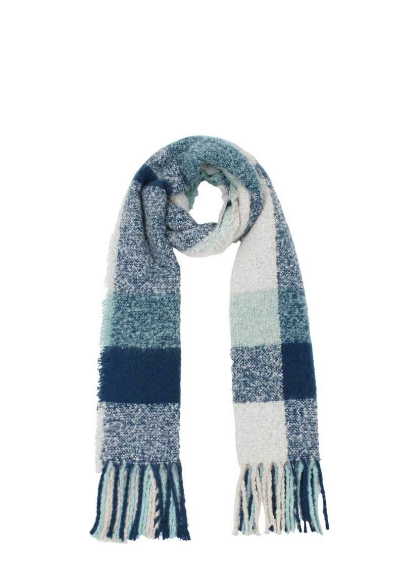 Woven scarf featuring a checkered pattern in shades of blue and white, with fringed edges for added texture. Soft, warm material.