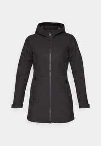 Schwarze wasserdichte Jacke mit Kapuze, frontellem Reißverschluss, zwei Seitentaschen und eng anliegenden Ärmeln. Glatte Textur mit einem stromlinienförmigen Design.