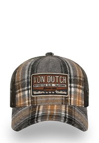 Plaid cap in gray, brown, and white, featuring a front patch with "VON DUTCH" logo, mesh back, and curved brim for a structured shape.