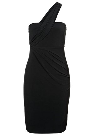 Robe noire ajustée une épaule avec un détail drapé froncé sur la poitrine et la taille, longueur au genou, sans manches.