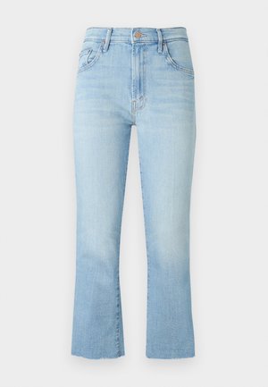 Blugi din denim albastru deschis, cu talie înaltă, ușor decolorați, buzunare frontale, închidere cu nasture și fermoar și pantaloni drepți cu tiv brut.