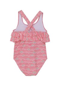 Enbitar i rosa med volangkant, med ett molnmönster och flerfärgade regnbågar. Korskottdesign med justerbara axelremmar.