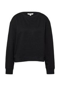 Czarny długi rękaw sweter typu crewneck z prążkowanymi mankietami i dolnym wykończeniem, prezentowany na białym tle.