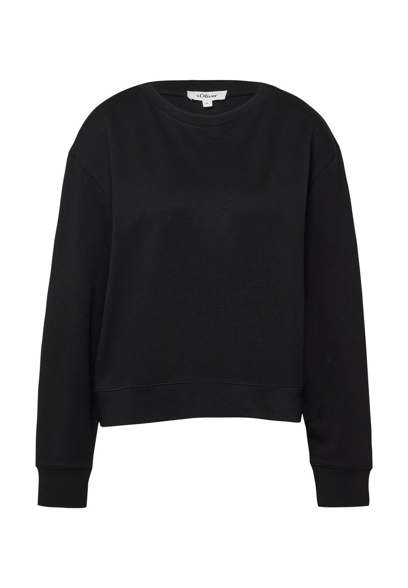 Czarny długi rękaw sweter typu crewneck z prążkowanymi mankietami i dolnym wykończeniem, prezentowany na białym tle.