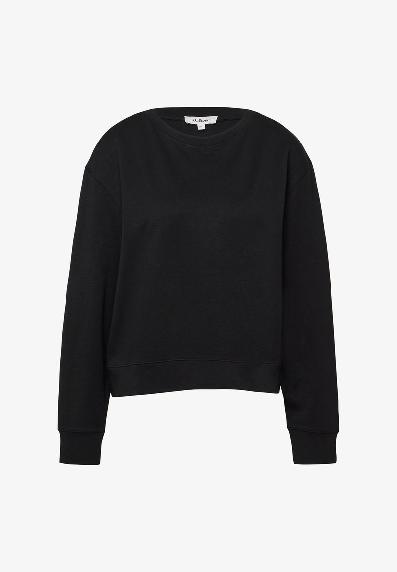 Czarny długi rękaw sweter typu crewneck z prążkowanymi mankietami i dolnym wykończeniem, prezentowany na białym tle.