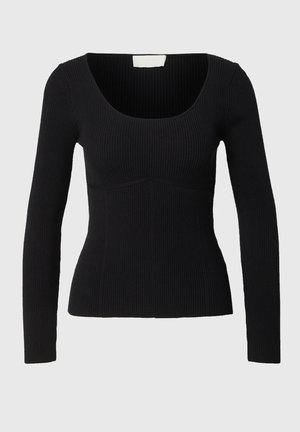 Top de manga larga negro con textura acanalada, que presenta un amplio escote en forma de barco y un diseño ajustado que se adapta al cuerpo.