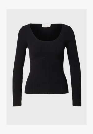 Sort langærmet top med ribbet tekstur, der har en bred rund halsudskæring og et tætsiddende design, der former sig efter kroppen.