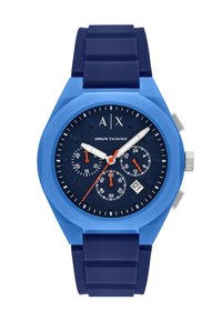Orologio in silicone blu con cassa rotonda, quadrante blu scuro, dettagli in argento, tre sottodial e visualizzazione della data alle 4.