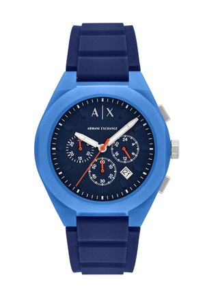 Blaue Silikon-Uhr mit einem runden Gehäuse, dunkelblauem Zifferblatt, silbernen Akzenten, drei Zifferblättern und einer Datumsanzeige auf 4 Uhr.