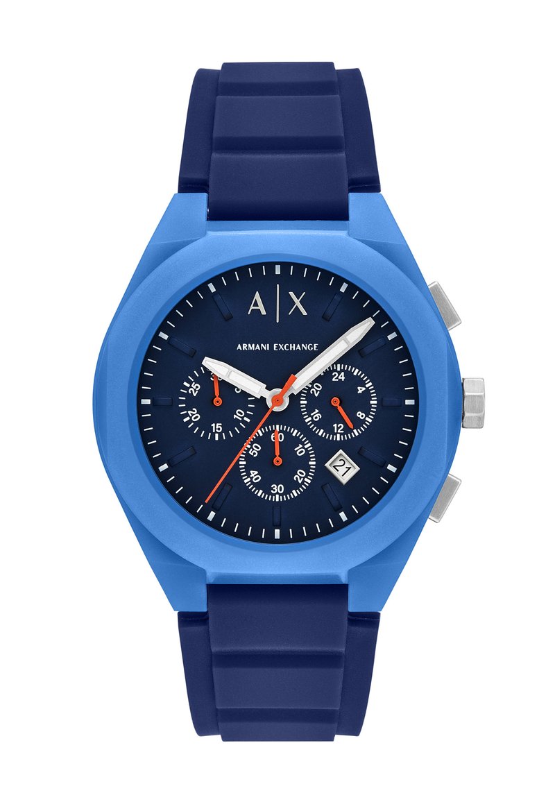 Orologio in silicone blu con cassa rotonda, quadrante blu scuro, dettagli in argento, tre sottodial e visualizzazione della data alle 4.