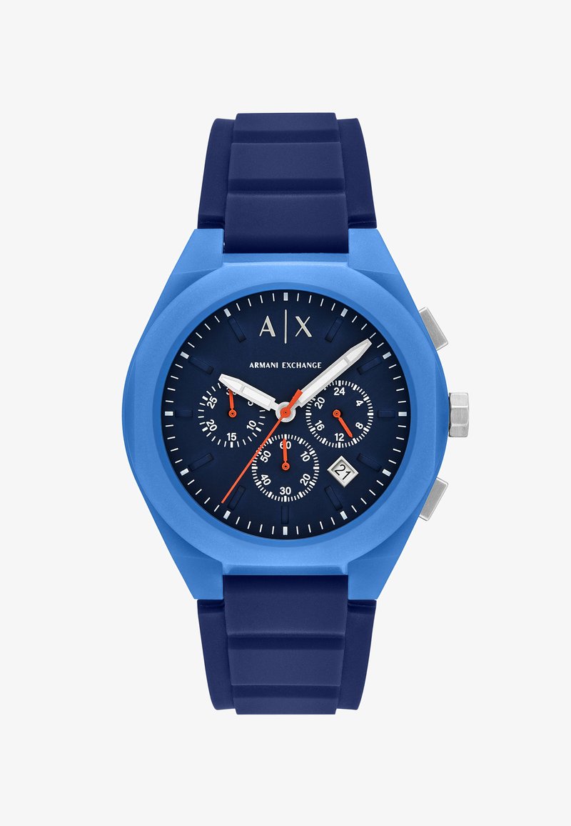 Orologio in silicone blu con cassa rotonda, quadrante blu scuro, dettagli in argento, tre sottodial e visualizzazione della data alle 4.