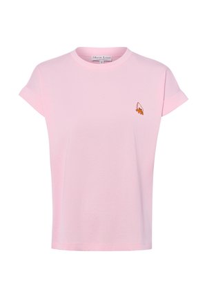 Jasnoróżowy, krótki rękaw t-shirt z małym haftowanym pustelnikiem na lewej piersi i okrągłym dekoltem.