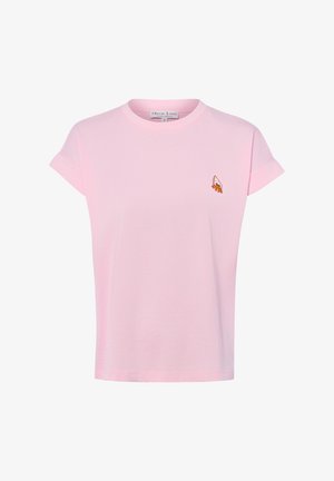 Hellrosa kurzärmeliges T-Shirt mit kleinem, besticktem Einsiedlerkrebs auf der linken Brust und rundem Ausschnitt.