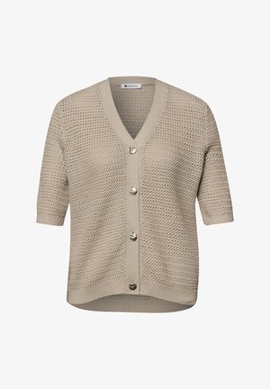 Cardigan beige en maille à manches courtes avec encolure en V, bords côtelés et quatre boutons ronds marbrés sur le devant.