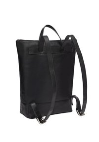 Sac à dos en cuir noir avec une forme rectangulaire structurée, surface texturée, deux bretelles, et une poignée supérieure pour un transport polyvalent.