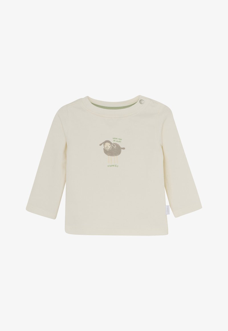 Crème lange mouwen shirt van zachte katoen. Heeft een schapenprint met tekst, een schouderknopje voor gemakkelijk aankleden en een ronde halslijn.