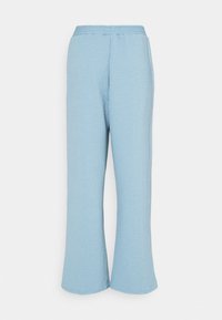 Hellblaue, strukturierte Hose mit lockerem Schnitt und elastischem Bund, ausgestattet mit einem dezenten Karomuster und weitem Beinabschluss.