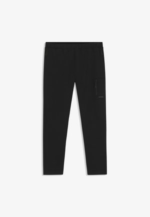 Black athletic pants featuring a drawstring waistband, zippered pockets, and a side cargo pocket with a subtle logo. Smooth, flexible material.