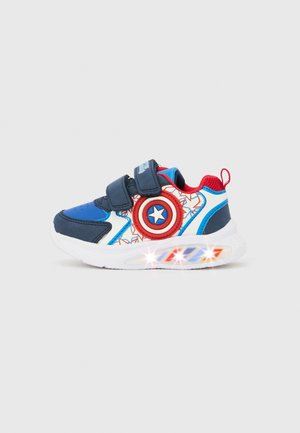 Blue and white children's sneakers with red accents, featuring a circular emblem and light-up sole, made of synthetic materials with Velcro straps.