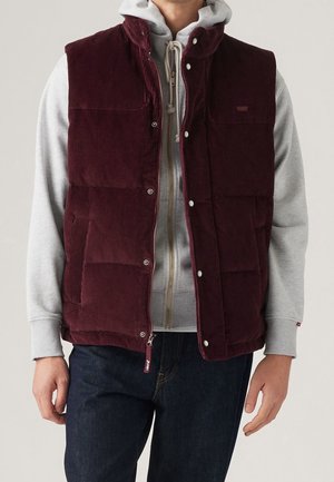 Mężczyzna w bordowej kamizelce puchowej z aksamitu na jasnoszarej bluzie z kapturem zapinanej na zamek, w ciemnych dżinsach, stoi na jednolitym tle.