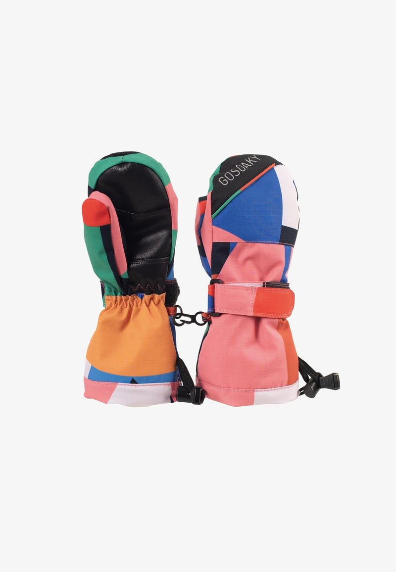 Kleurige wanten met geometrische patronen in roze, groen, blauw en oranje, voorzien van een leren palm in zwart en elastische polsbanden voor een veilige pasvorm.