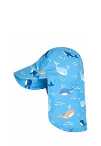 Sombrero de sol de tela azul con un divertido patrón de ballenas. Con ala larga en la parte posterior para protección solar, borde curvado y textura suave.