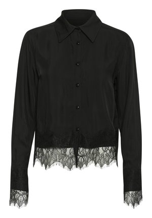 Juodas marškinėlis su mygtukais, pagamintas iš lygaus audinio, su nėriniuoto apdailos kraštu apačioje ir ant rankogalių, turintis smailų apykaklę ir blizgius mygtukus.