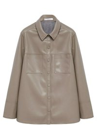 Beige gestreept leren overhemdjack met een kraag, knopen aan de voorkant, twee voorzakken en lange mouwen. Gladde textuur en een getailleerde pasvorm.