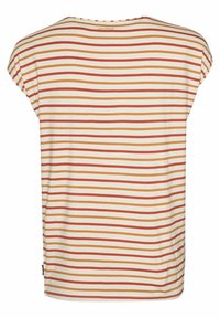 T-shirt rayé en crème, orange et rouge. Manches courtes, col rond et coupe décontractée. Présente une petite étiquette de marque à l'ourlet.
