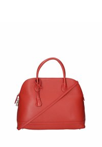Czerwona skórzana torebka o gładkiej fakturze, z podwójnymi uchwytami u góry i odpinanym paskiem na ramię. Posiada zamek błyskawiczny oraz dekoracyjne akcenty w postaci węzłów.