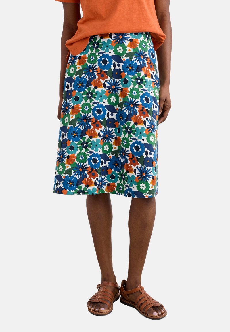 Floral skirt featuring a vibrant blue, green, orange, and white pattern, made from lightweight fabric, knee-length with side pockets.