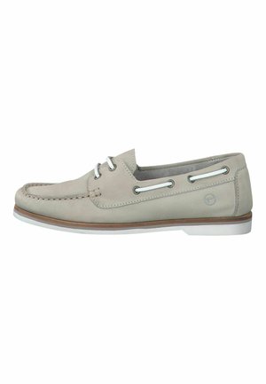 Light grey boat shoe with leather upper, white laces, and accent stitching. Features a white rubber sole and subtle logo detail on side.