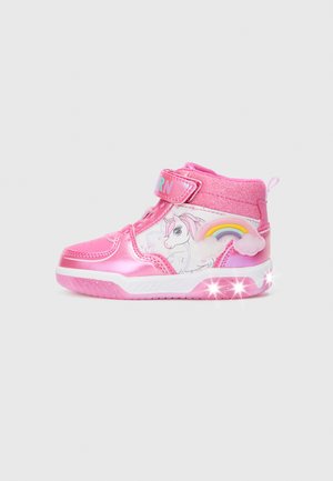 Pink athletic shoes with a shiny finish, featuring a unicorn graphic, rainbow accents, and glittery strap. Light-up sole for added detail.