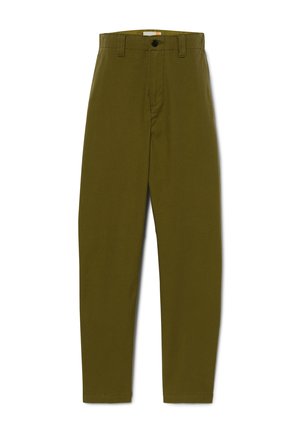 Pantalones verdes oliva de algodón con cierre de botón, cinturilla estándar y diseño de pierna recta. Incluye bolsillos laterales y traseros.
