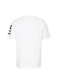 Witte katoenen T-shirt met korte mouwen, voorzien van een zwarte grafische print op de linkermouw. Standaard ronde hals.