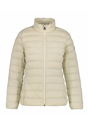 Kuvioitu kevyesti beige täyspuffattu takki, jossa on tikattuja kohtia, korkea kaulus ja etuvetoketju. Sujuva pinta, jossa on vain vähän varusteita.