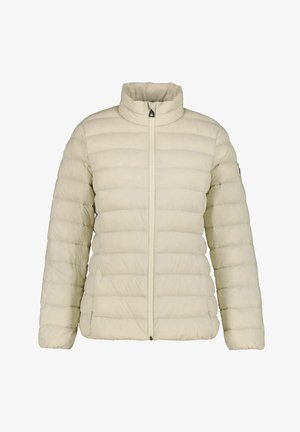 Kurtka puchowa w jasnym beżu, z pikowanymi elementami, wysokim kołnierzem i zamkiem błyskawicznym z przodu. Gładka tekstura z minimalnymi akcentami sprzętowymi.