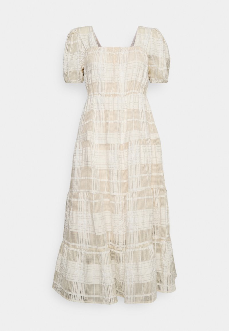 Robe midi à carreaux crème et beige avec un décolleté carré, des manches courtes bouffantes et une jupe à étages.