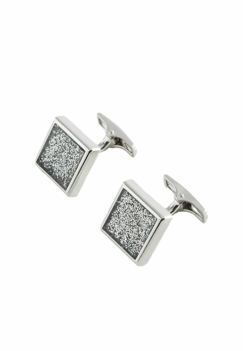 Cufflinks quadrati in argento con superficie textured grigio scuro, bordi lucidi e chiusura a toggles tradizionale.