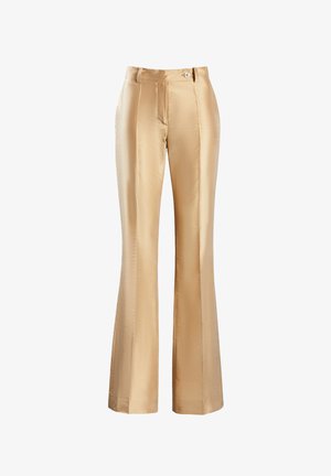 Beige Satin-Glitzerhose mit glatter Textur, ausgestattet mit einem Reißverschluss vorne und einem einzelnen Knopfverschluss. Zwei Seitentaschen und Faltendetails.
