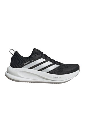 Musta Adidas Supernova Ease 2 juoksukenkä, jossa valkoiset kolme raitaa ja paksu valkoinen pehmustettu pohja, jossa lukee Dreamstrike, sivukuva.