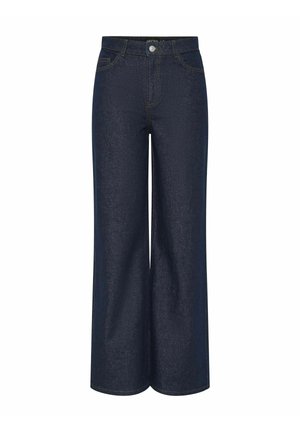 Jeans de mezclilla oscura de pierna ancha con cintura alta, con detalles de costura visibles en dorado contrastante y bolsillos delanteros y traseros. Diseño clásico de cinco bolsillos.