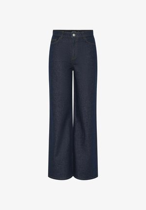 Jean en denim sombre à jambes larges avec une taille haute, coutures visibles en or contrastant, et poches avant et arrière. Design classique à cinq poches.