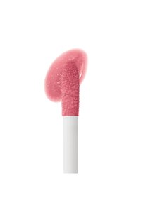 Rosa Lippenbalsam-Applikator mit einer weichen, strukturierten Spitze, die eine schimmernde Konsistenz aufweist, und einem klaren, abgerundeten Kappenform.