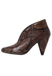 Brown snake-print ankle boot with a pointed toe, textured upper, and a tapered heel. Sleek design featuring a smooth finish and visible stitching.