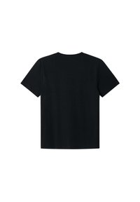 Schwarzes Baumwoll-T-Shirt mit klassischem Rundhalsausschnitt, kurzen Ärmeln und geradem Saum. Keine sichtbaren Grafiken oder Muster auf der Rückseite.