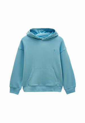 Light blue hooded sweatshirt with front kangaroo pocket and small embroidered logo on left chest.