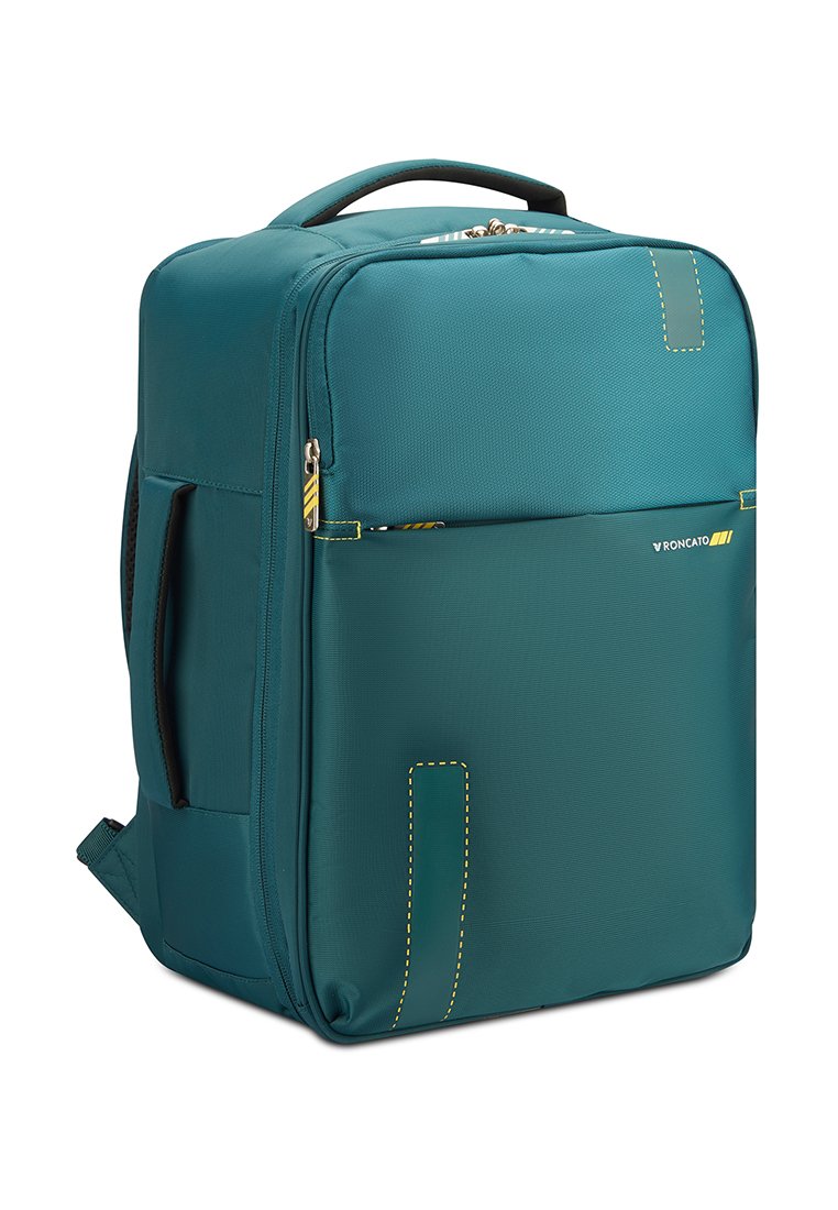 Zaino in tessuto color teal dalla forma rettangolare, dotato di una tasca frontale con zip, dettagli in cucitura gialla e una maniglia per il trasporto superiore.